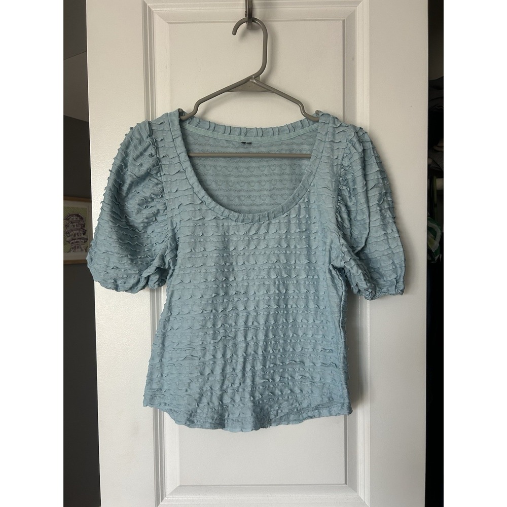 Anthropologie Textured Ruffled Top Women's Blue Puff Sleeve Shirt Size Small